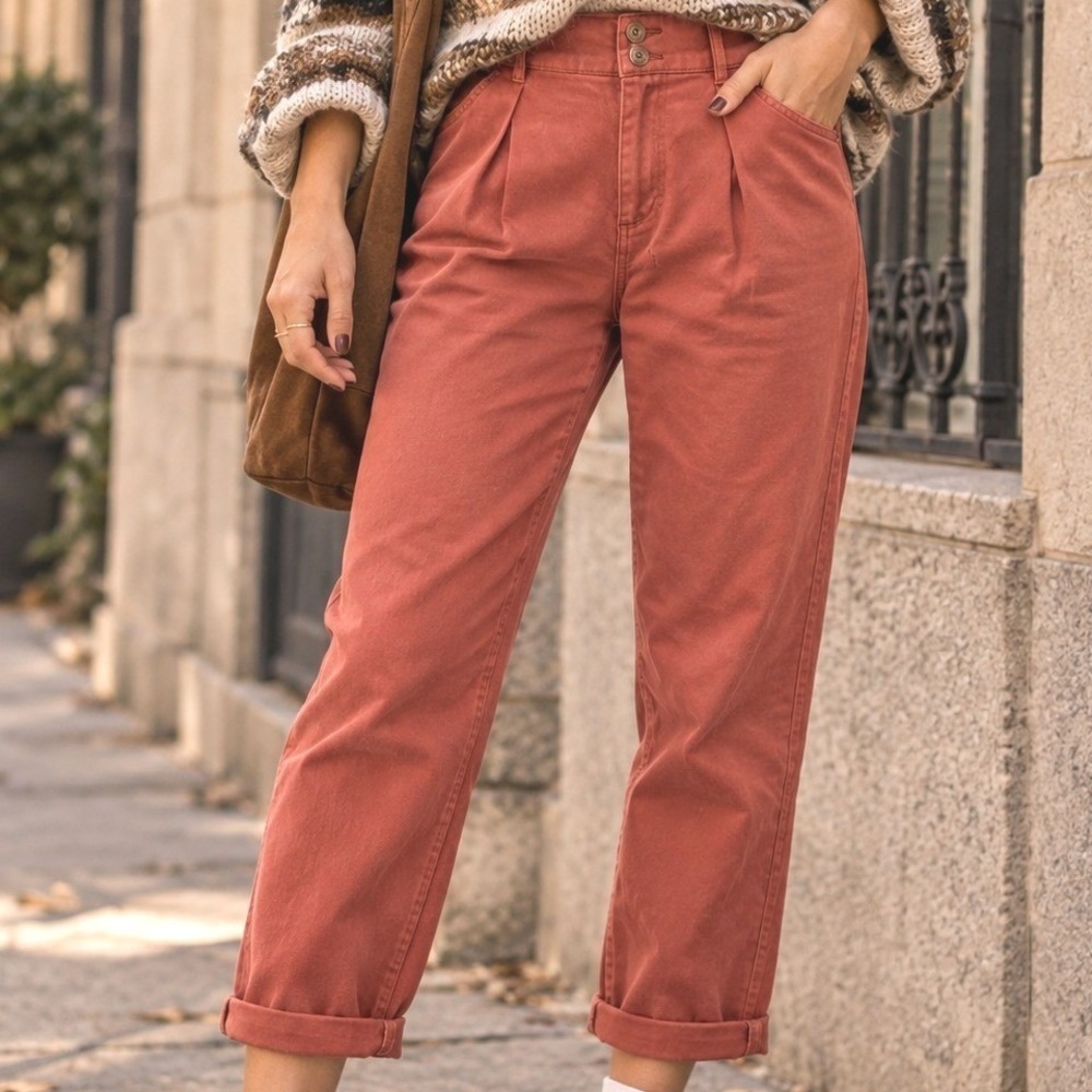 A New Day Womens Pleated Tapered Ankle Pants Rust Red High Rise Size 12 Crop